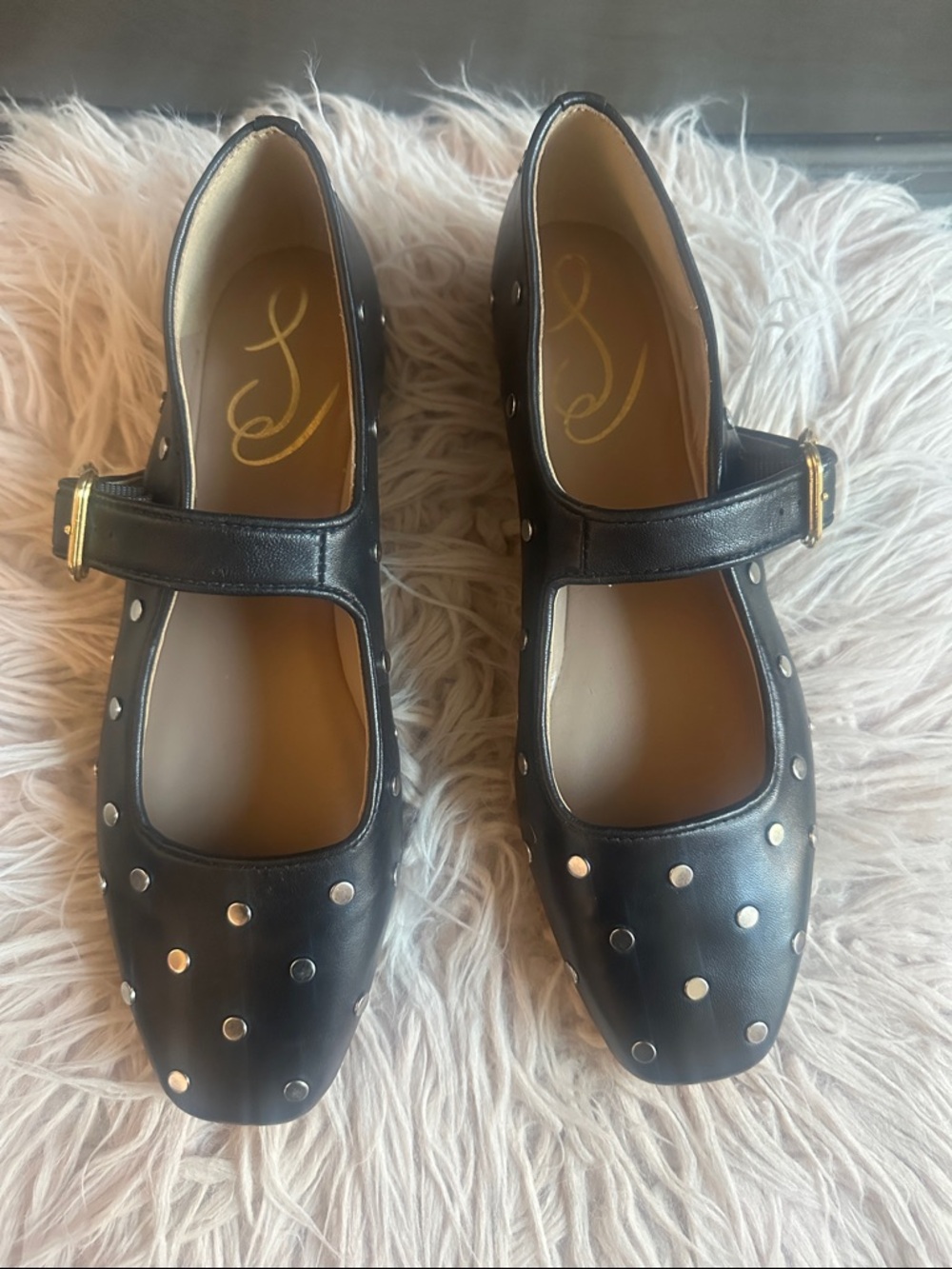 Sam Edelman Black Studded Mary Jane Flats with Gold Buckle